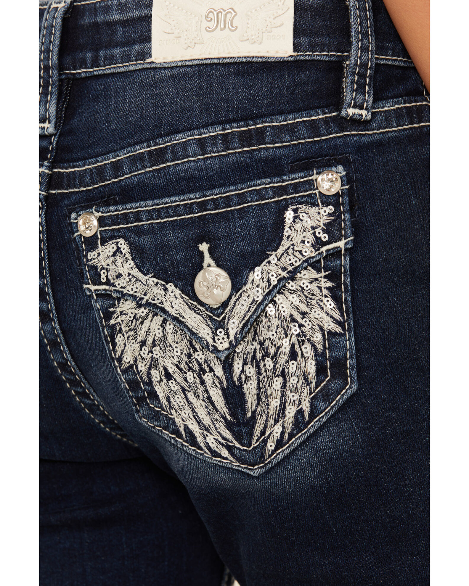 Image #2 - Miss Me Girls' Medium Wash Wing Pocket Bootcut Stretch Denim Jeans, Blue, hi-res