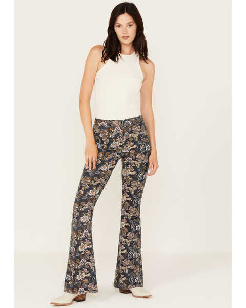 Rock & Roll Denim Women's Floral Print High Rise Button Bargain Bell Flare Jeans, Multi, hi-res