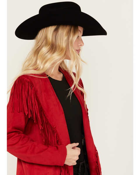 Image #2 - Powder River Outfitters Women's Long Faux Suede Fringe Jacket , Red, hi-res