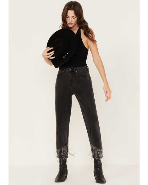 Image #3 - Rock & Roll Denim Women's Dark Wash High Rise Fringe Cropped Straight Jeans, Black, hi-res