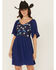 Image #2 - Shyanne Women's Embroidered Crinkle Flutter Sleeve Mini Dress, Blue, hi-res