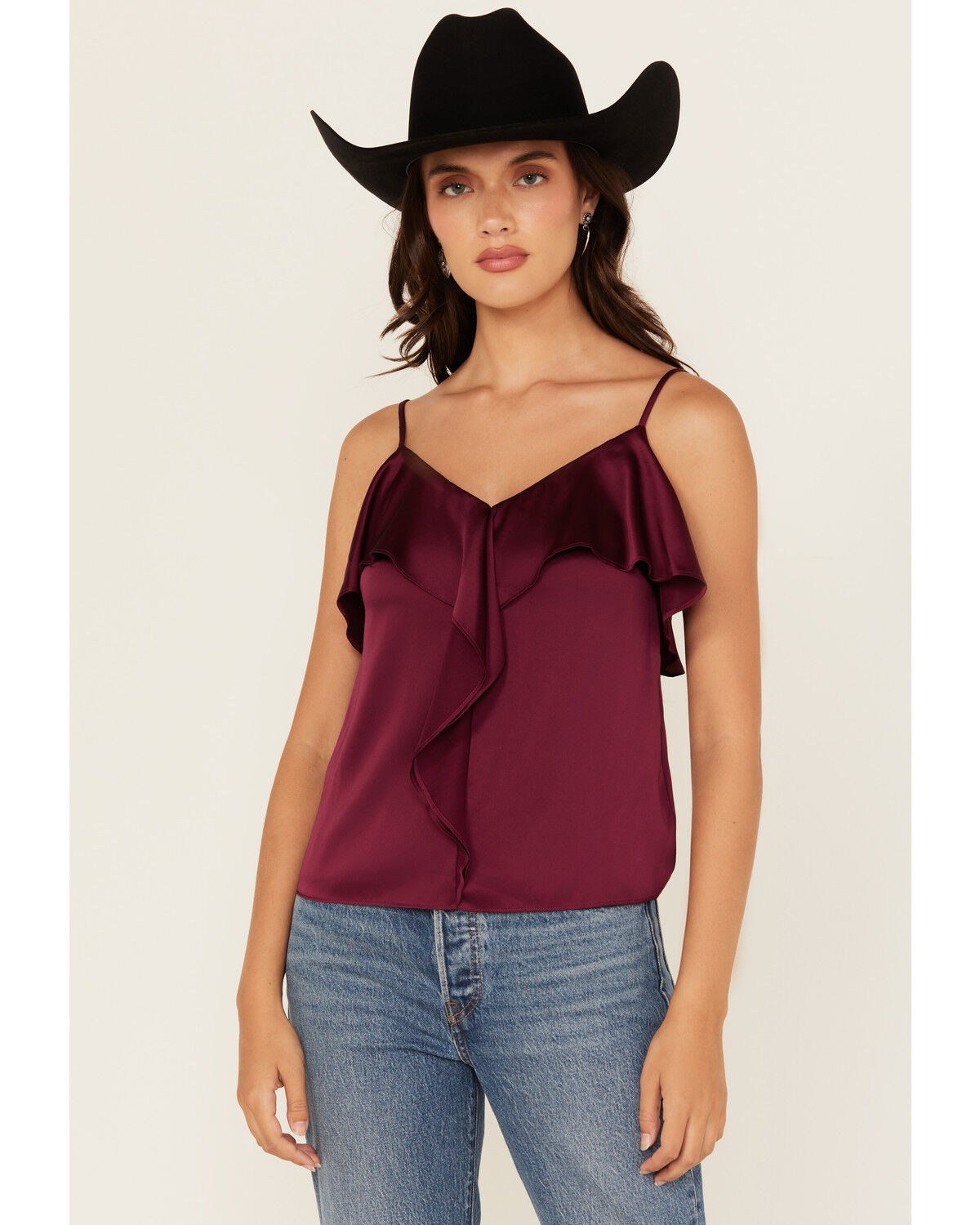Image #1 - Shyanne Women's Solid Satin Ruffle Front Tank Top, Fuchsia, hi-res