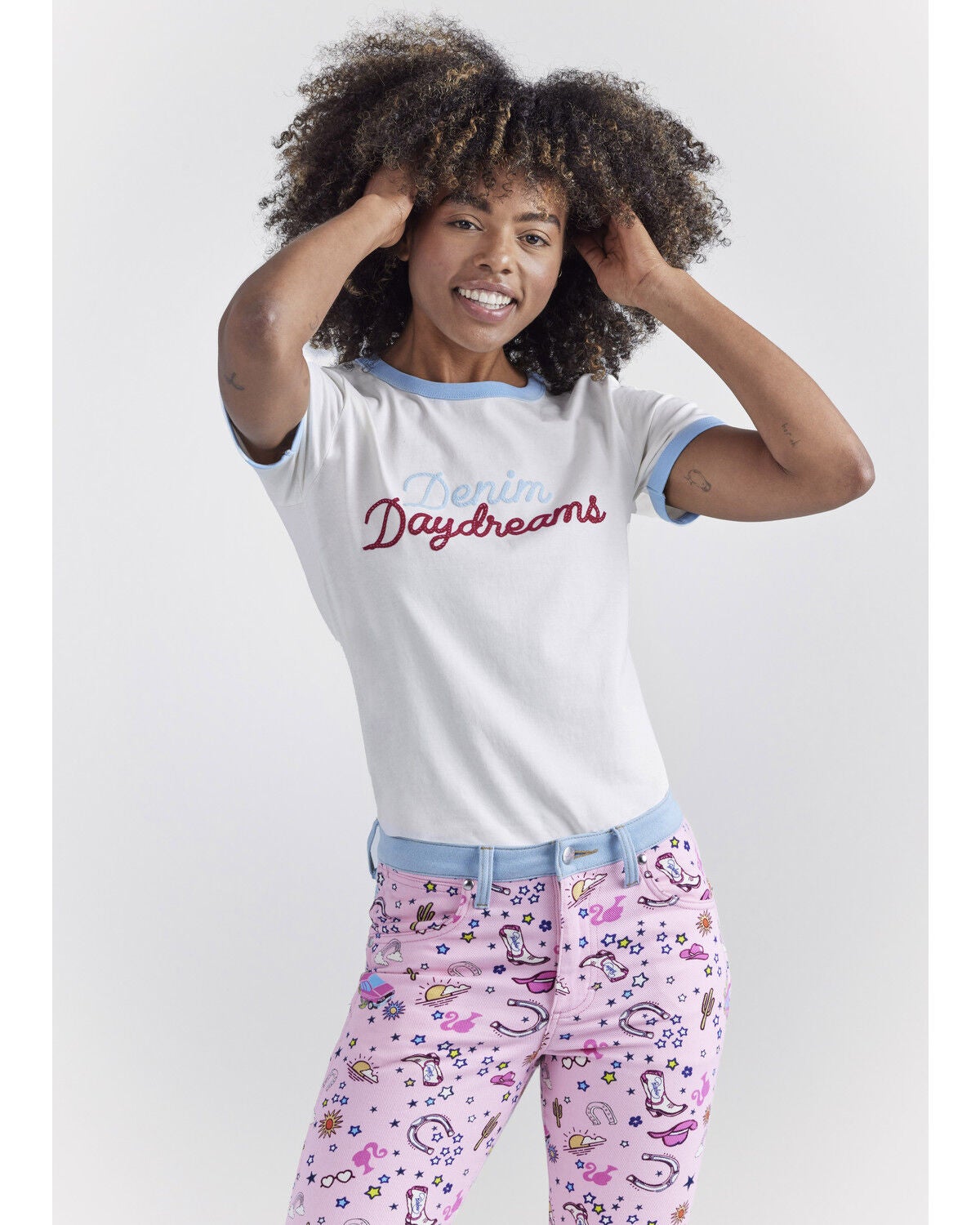 Wrangler&reg; X Barbie&trade; Women's Denim Daydreams Slim Ringer Tee, White, hi-res