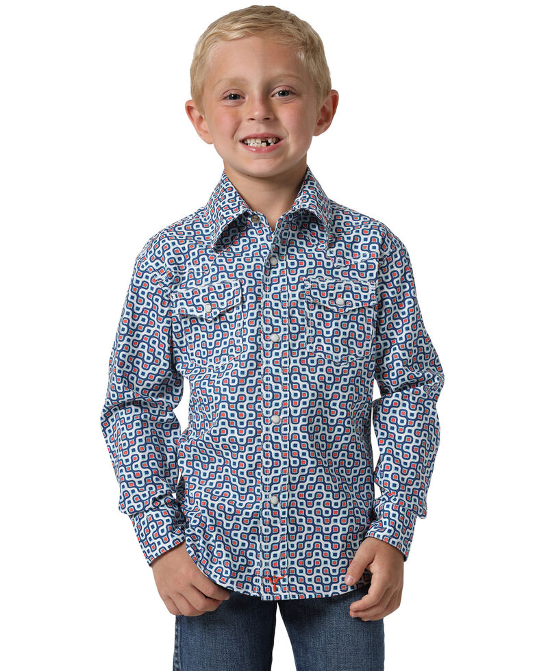 Wrangler 20X Boys' Navy Geo Print Advanced Comfort Long Sleeve Western Shirt , Navy, hi-res