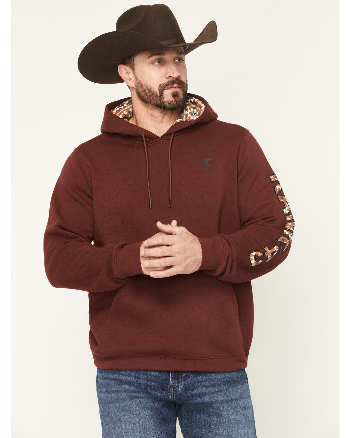 Image #1 - RANK 45® Men's Cayusey Logo Sleeve Hooded Sweatshirt, Burgundy, hi-res