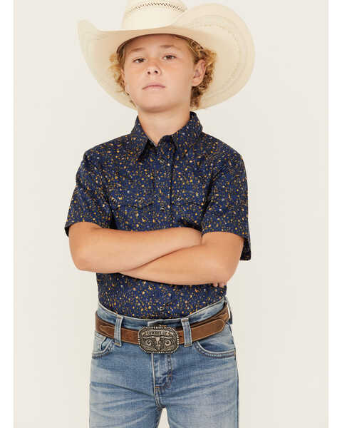 Cody James Boys' Meadowlark Floral Print Short Sleeve Snap Western Shirt , Navy, hi-res