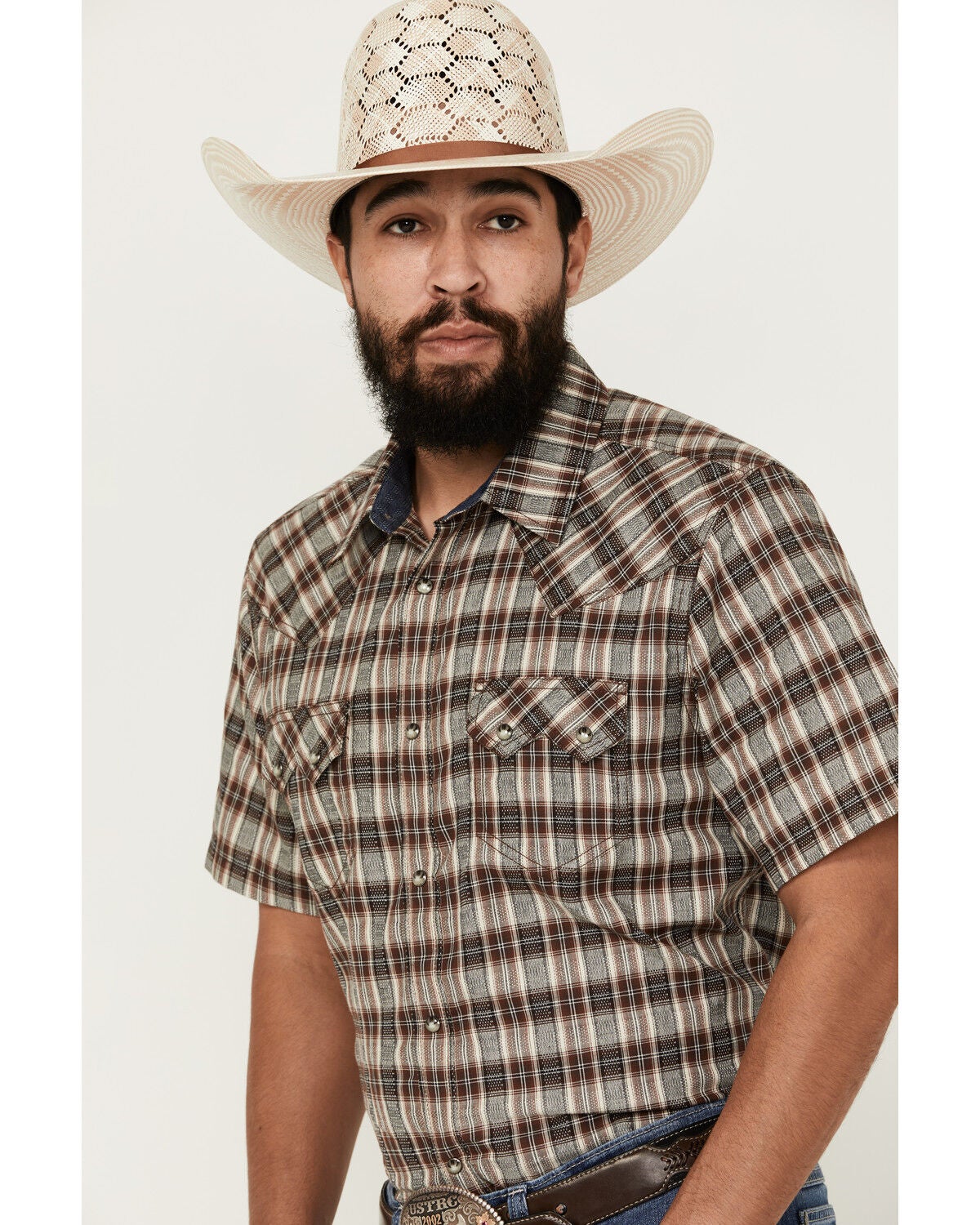 Image #3 - Cody James Men's Grit Plaid Print Short Sleeve Snap Western Shirt, Brown, hi-res