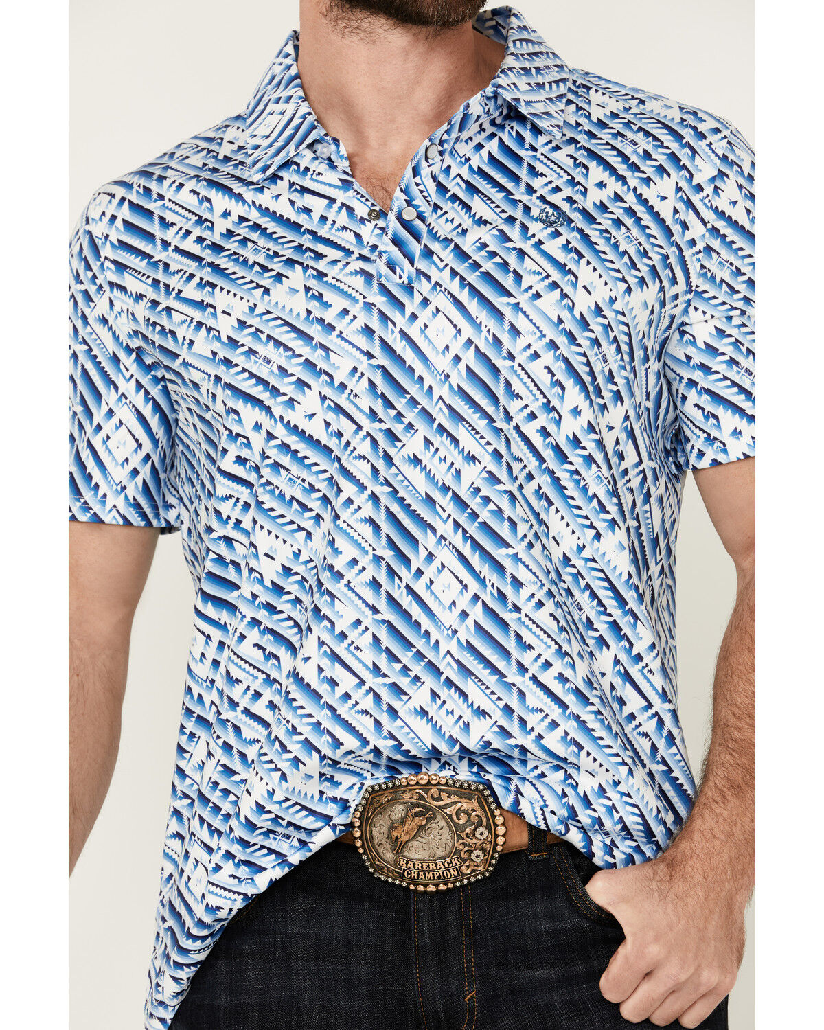 Image #3 - Panhandle Men's Southwestern Print Short Sleeve Performance Polo Shirt, Blue, hi-res