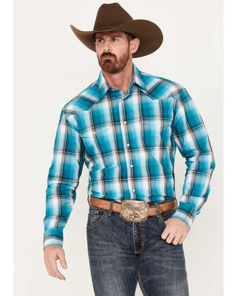 Roper Men's Amarillo Plaid Print Long Sleeve Western Snap Shirt, Bright Blue, hi-res