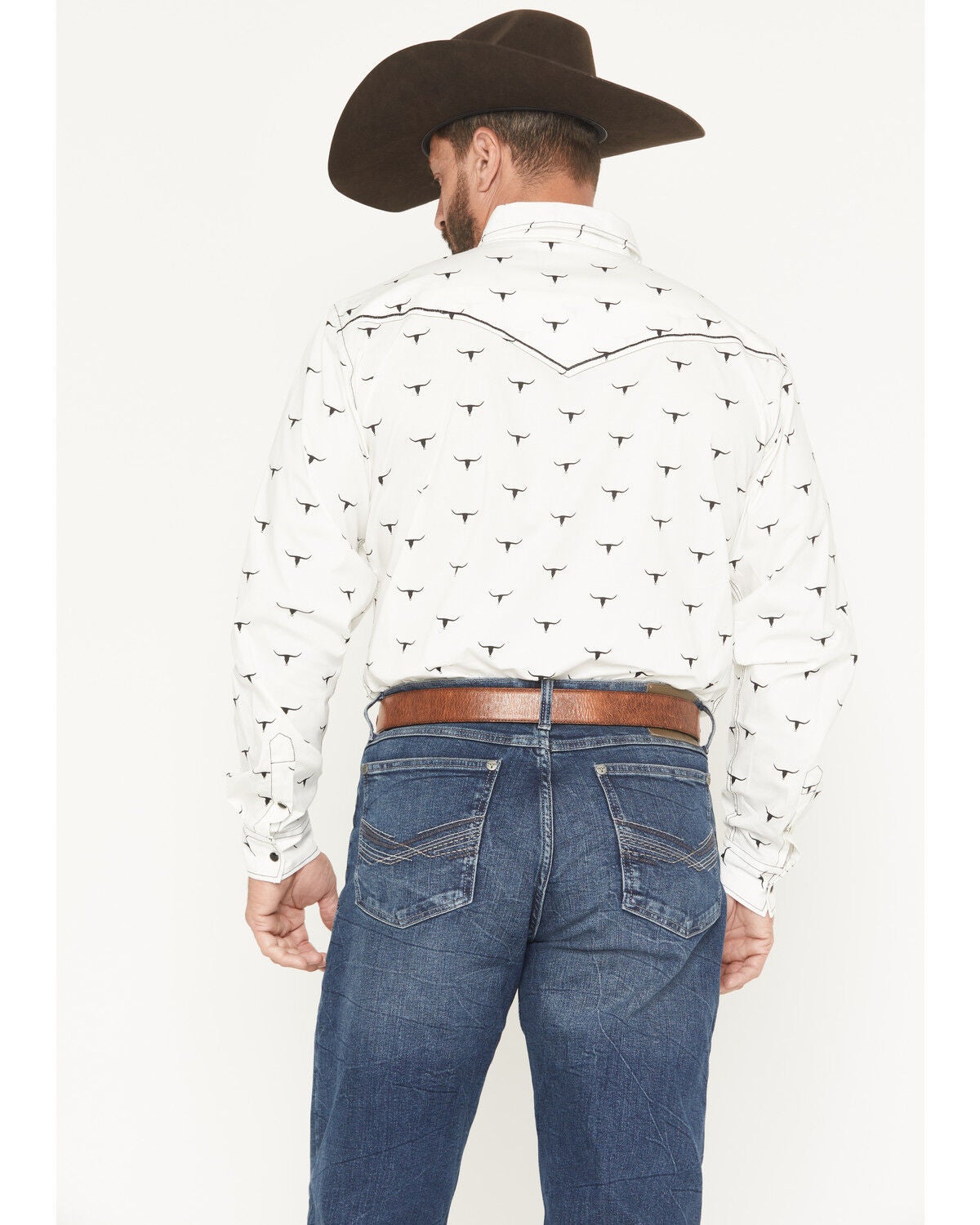 Image #4 - Cowboy Hardware Men's Steerhead Print Long Sleeve Snap Stretch Western Shirt, White, hi-res