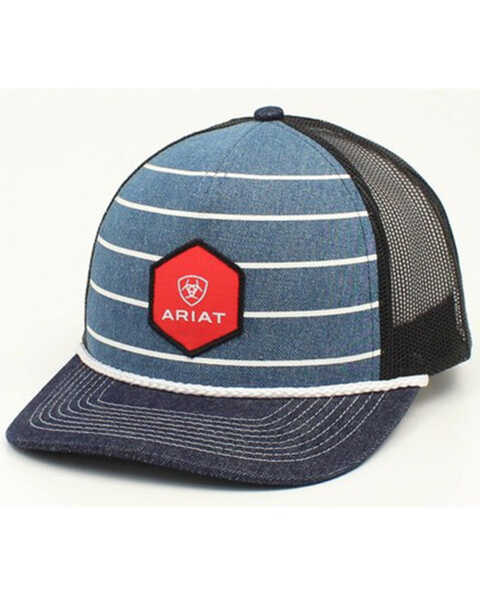 Ariat Men's Striped Denim Shield Logo Patch Mesh-Back Ball Cap , Blue, hi-res