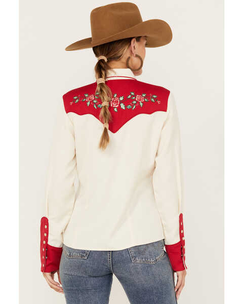 Image #4 - Scully Women's Floral Embroidered Long Sleeve Western Pearl Snap Shirt, Ivory, hi-res