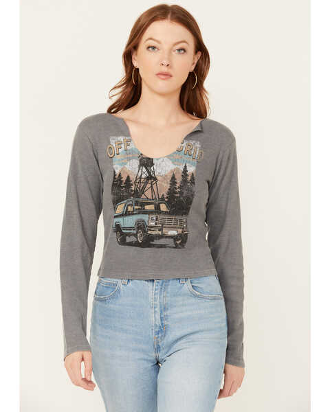 Image #1 - Cleo + Wolf Women's Off The Grid Cropped Rib Knit Long Sleeve Tee, Steel, hi-res