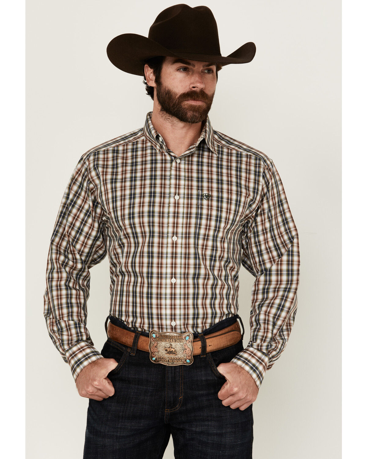 Image #1 - Ariat Men's Wrinkle Free Folk Plaid Print Long Sleeve Button-Down Western Shirt - Tall, Brown, hi-res