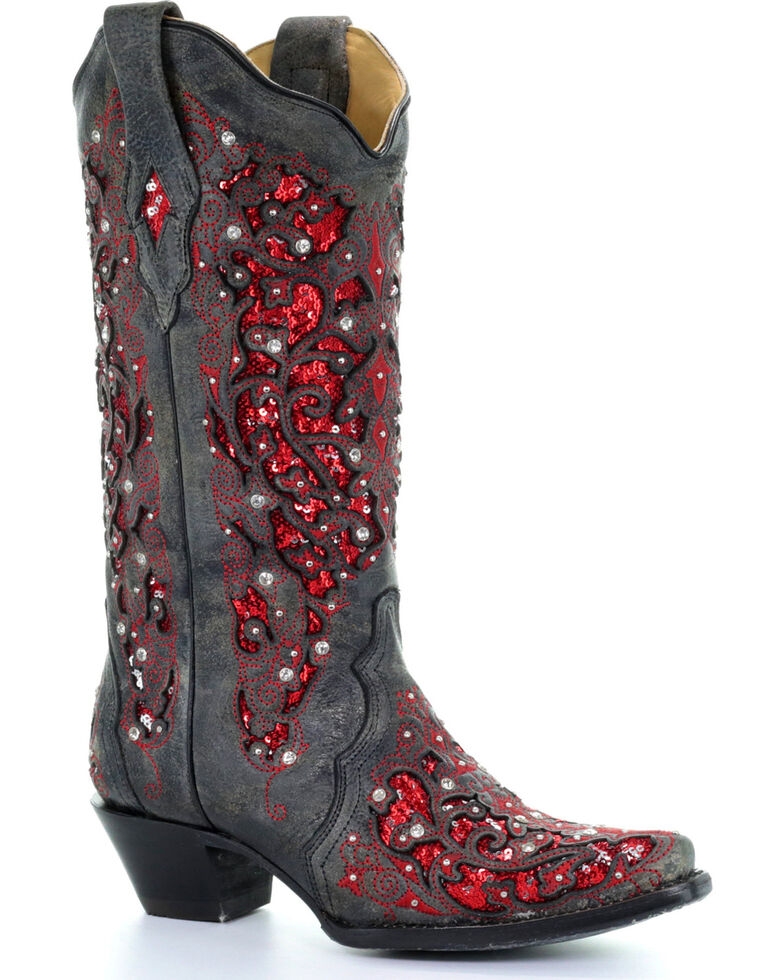 Corral Women's Crystal and Red Sequin Inlay Cowgirl Boots - Snip Toe, Black, hi-res