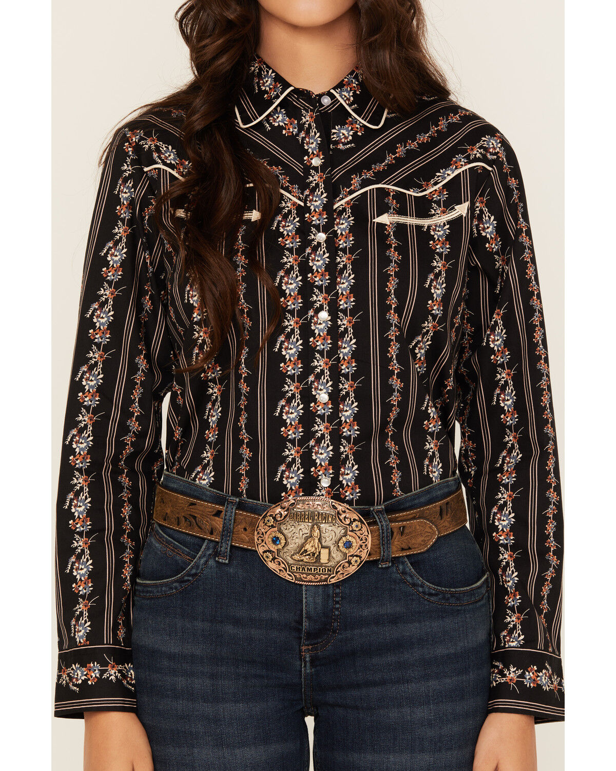 Image #3 - Ely Walker Women's Floral Wallpaper Print Long Sleeve Snap Stretch Western Shirt, Black, hi-res