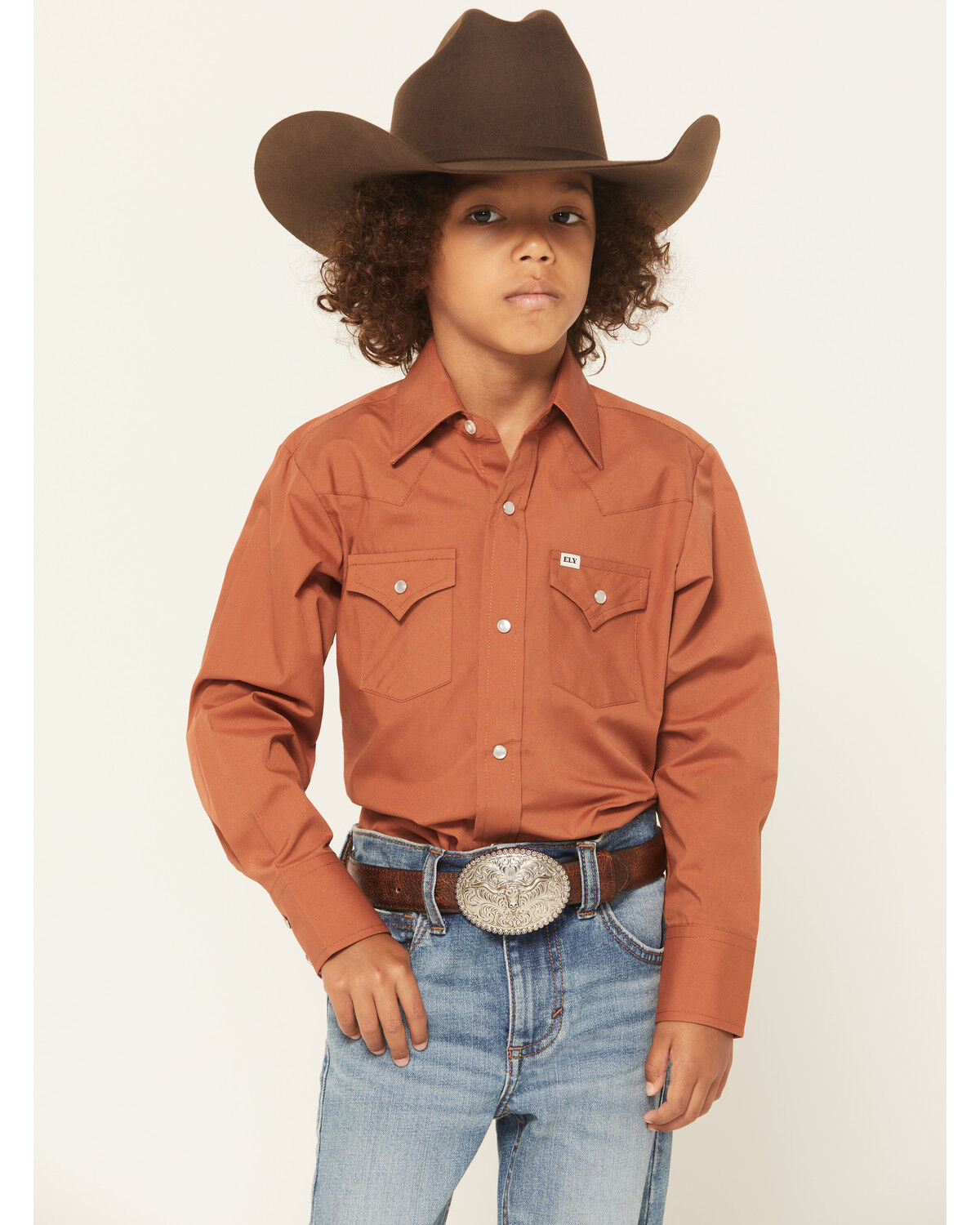 Image #1 - Ely Walker Boys' Solid Long Sleeve Snap Western Shirt, Rust Copper, hi-res