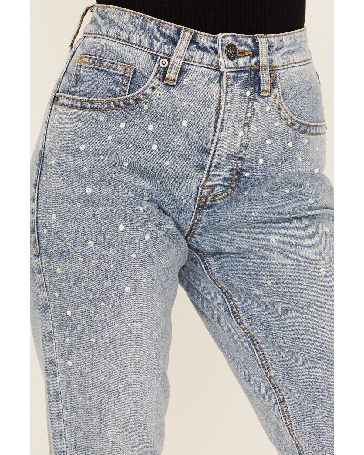 Image #2 - Rock & Roll Denim Women's Light Wash High Rise Rhinestone Studded Bootcut Stretch Denim Jeans, Light Wash, hi-res