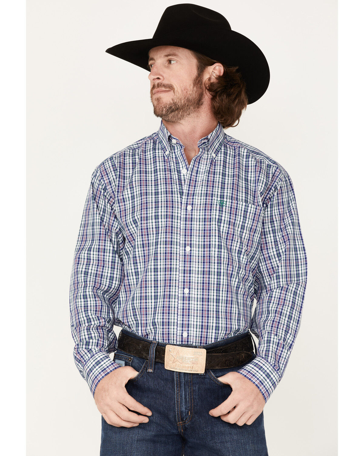 Image #1 - Ariat Men's WF Sidney Small Plaid Long Sleeve Western Shirt, White, hi-res