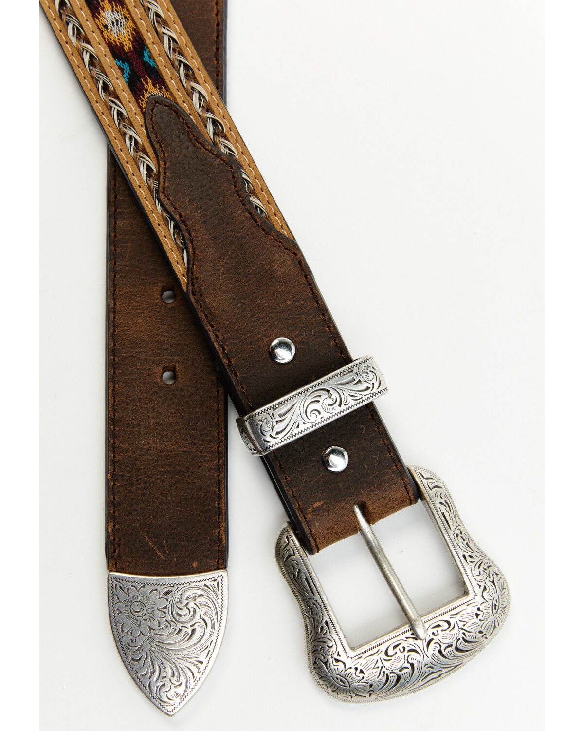 Image #2 - Cody James Brown 3-Piece Horse Hair Laced Southwest Inlay Belt, , hi-res