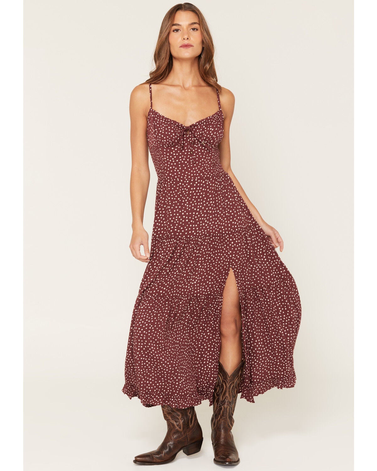 Image #1 - Angie Women's Polka Dot Twist Front Sleeveless Midi Dress, Brown, hi-res