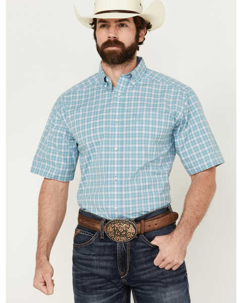 Image #1 - Ariat Men's Erin Plaid Print Short Sleeve Button-Down Performance Western Shirt  - Tall , Blue, hi-res