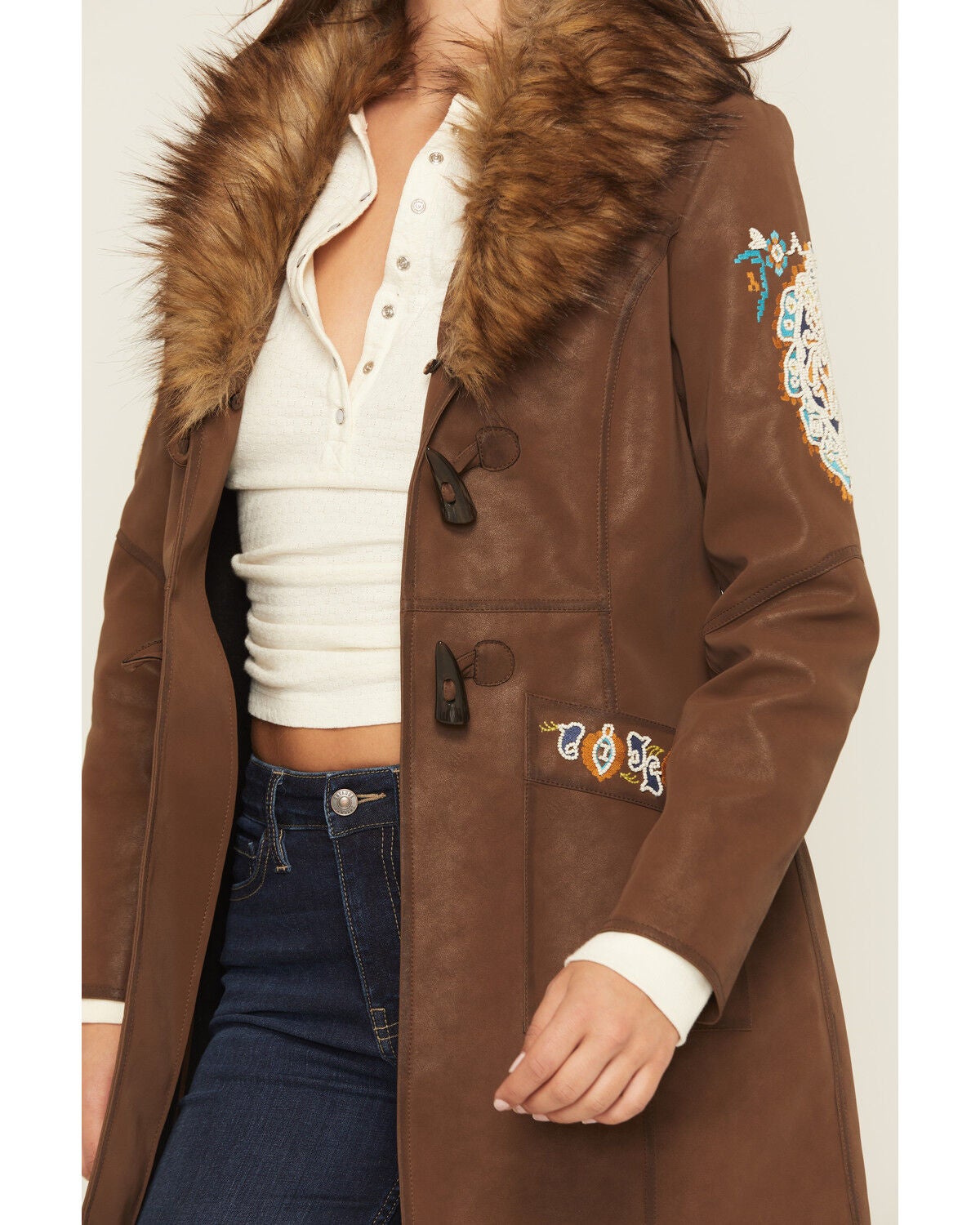 Image #3 - Shyanne Women's Faux Leather Fur Collar Embroidered Coat, Brown, hi-res