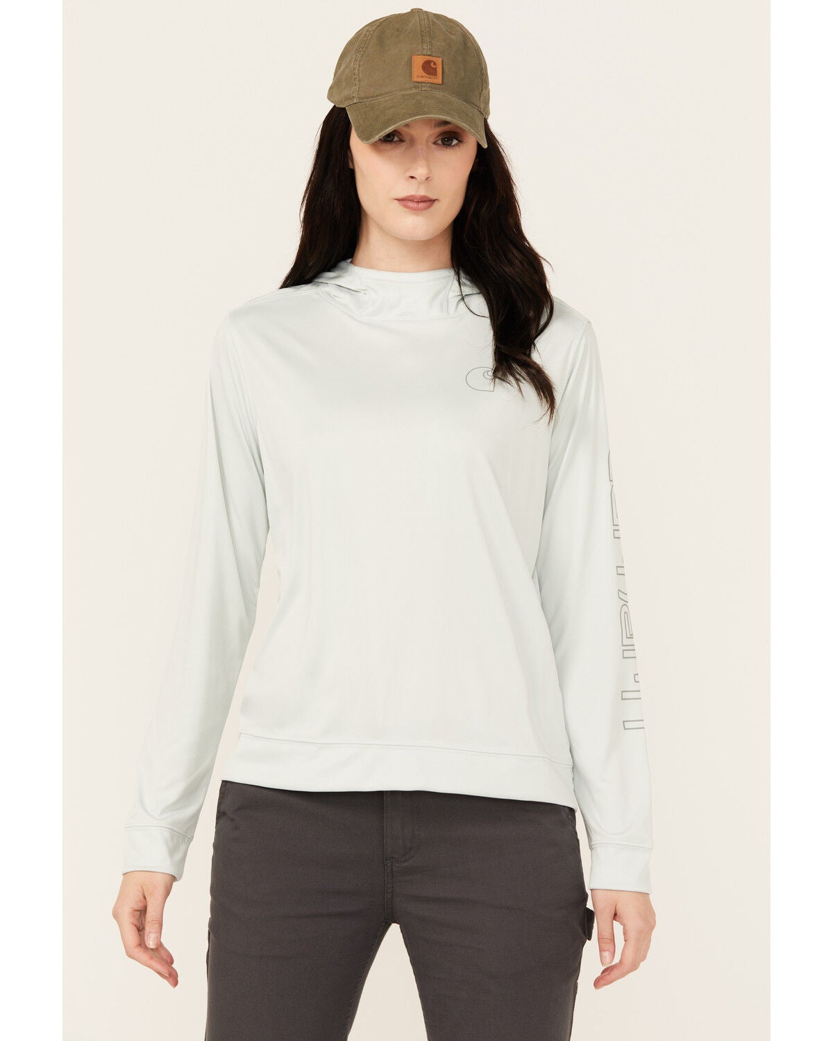 Carhartt Women's Force Sun Defender Relaxed Fit Lightweight Logo Hooded Graphic Long Sleeve, Seafoam, hi-res