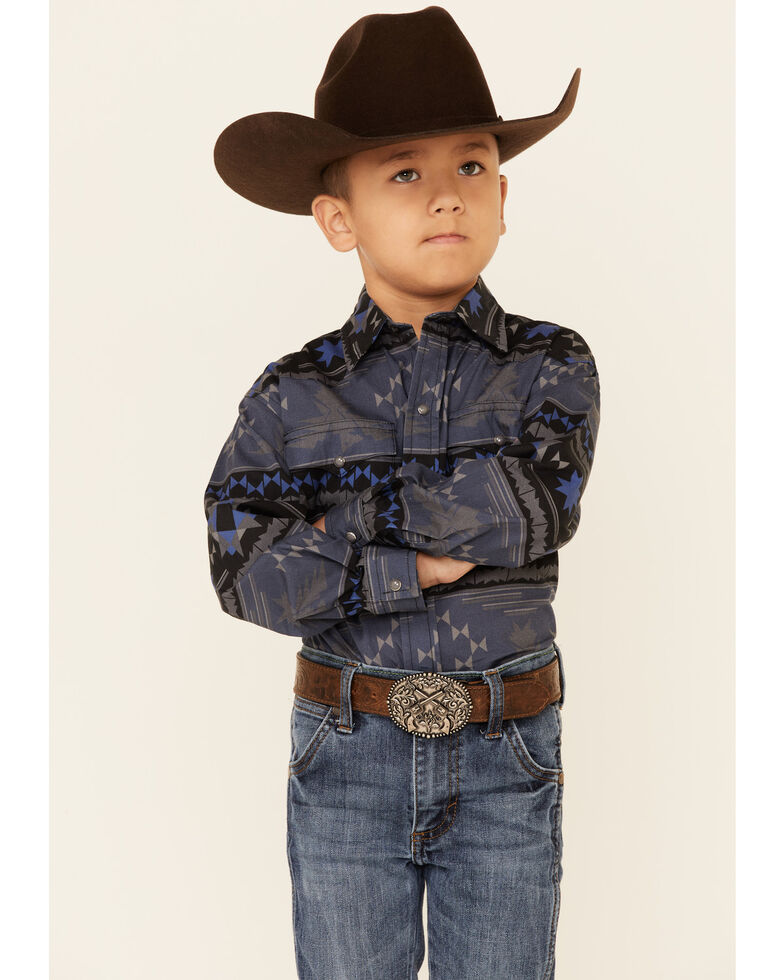 Roper Boys' Eagle Southwestern Print Long Sleeve Snap Western Shirt , Blue, hi-res