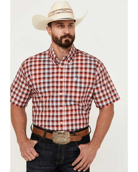 Image #1 - Cinch Men's Plaid Print Short Sleeve Button-Down Western Shirt, Red, hi-res