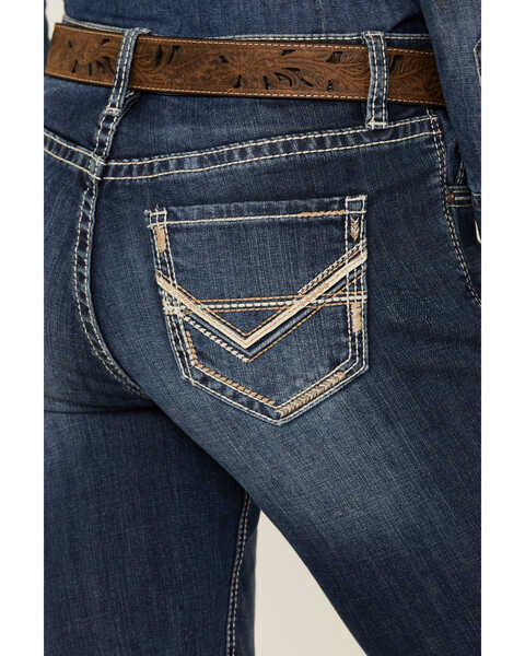 Image #2 - Rock & Roll Denim Women's Medium Wash Mid Rise Pleather Embroidered Pocket Bootcut Stretch Denim Jeans , Medium Wash, hi-res