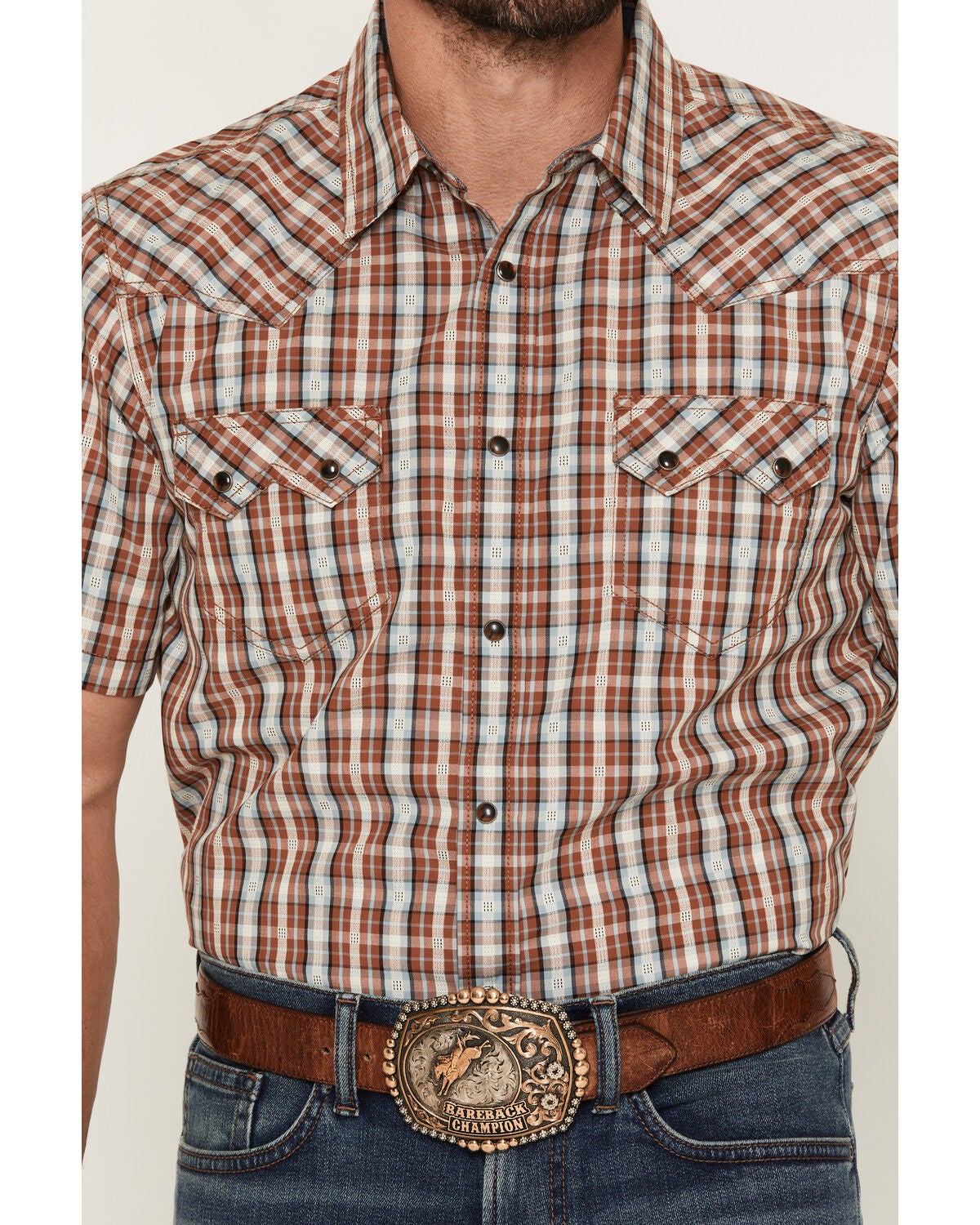 Image #3 - Cody James Men's Elmer Plaid Print Short Sleeve Snap Western Shirt, Brown, hi-res