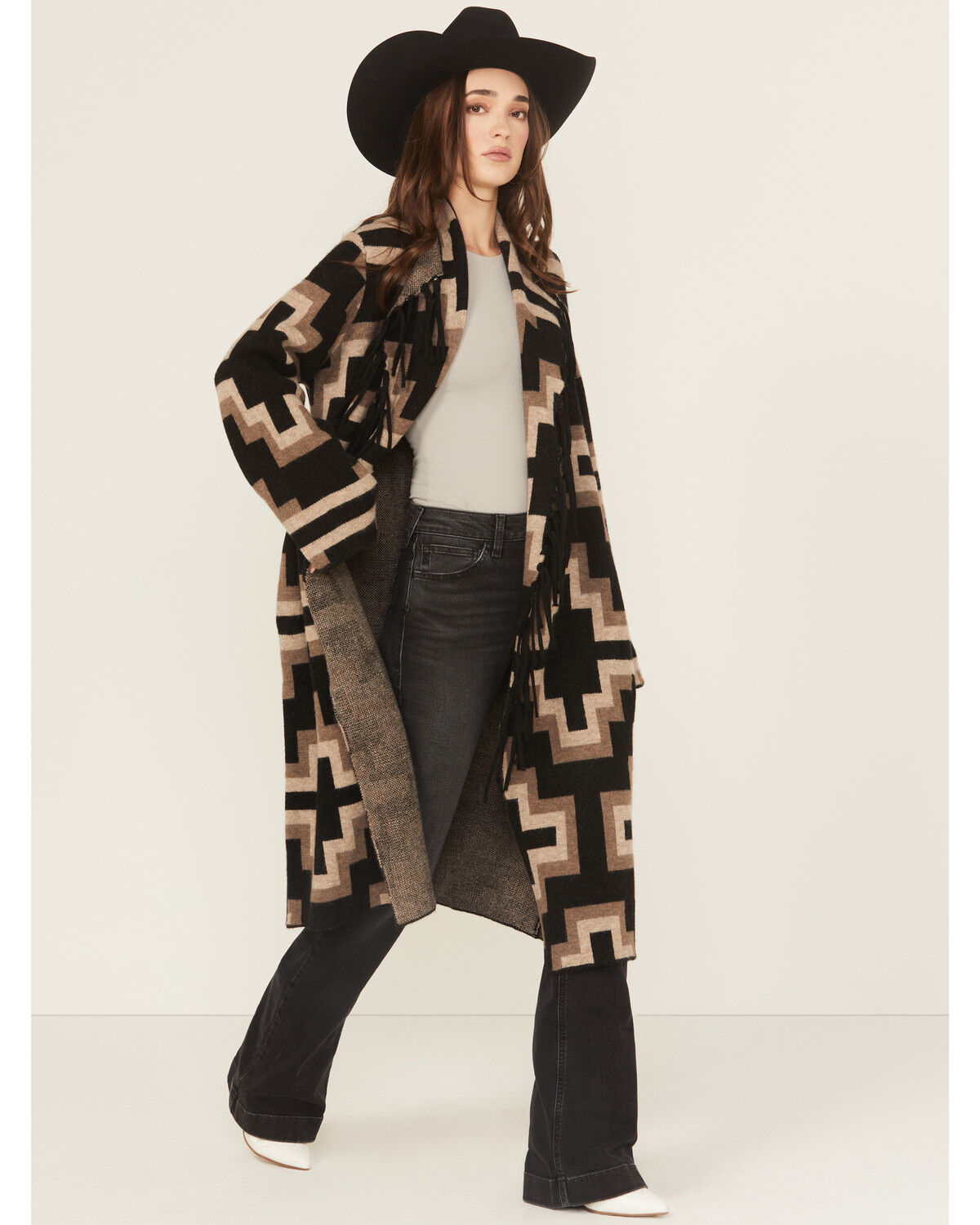 Image #1 - Ariat Women's Southwestern Print Barrel Cardigan, Black, hi-res