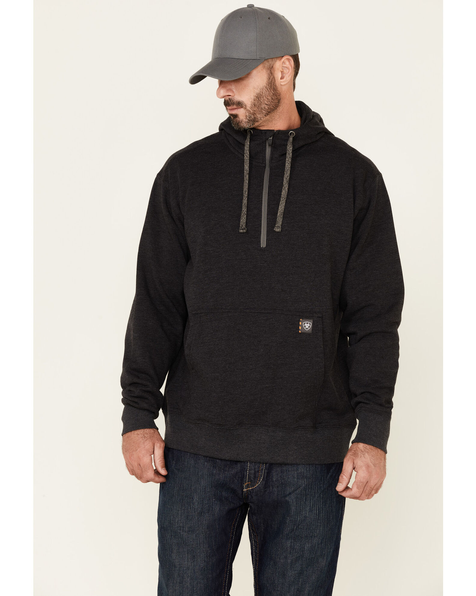 Image #1 - Ariat Men's Charcoal Rebar Workman 1/4 Zip Front Work Hooded Pullover, Charcoal, hi-res