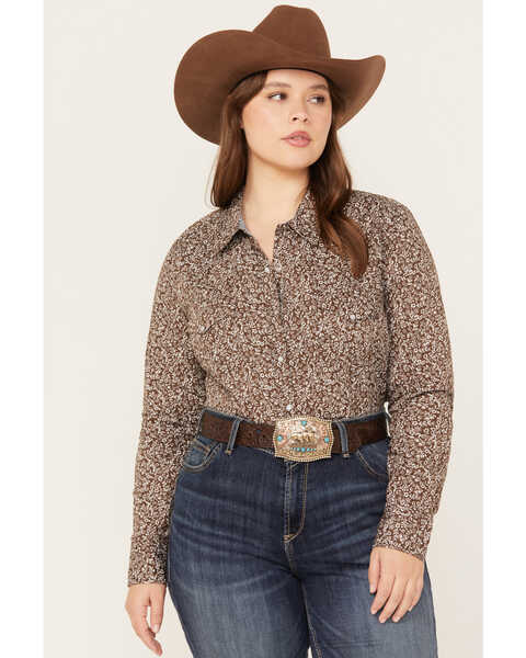 Roper Women's Floral Print Long Sleeve Pearl Snap Western Shirt - Plus, Brown, hi-res