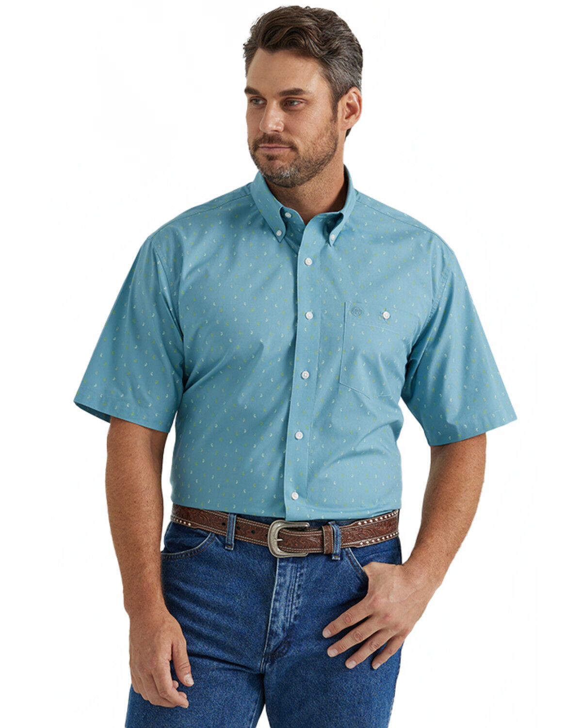 Image #1 - Wrangler Men's Classic Paisley Print Short Sleeve Button-Down Western Shirt, Blue, hi-res