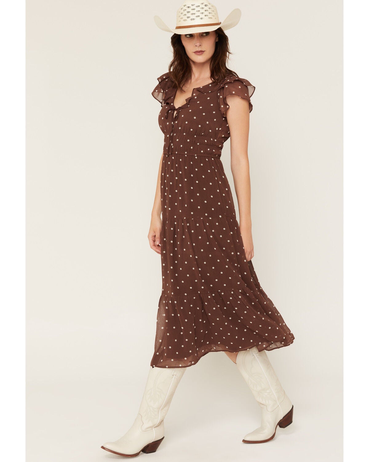 Image #2 - Ash & Violet Women's Polka Dot Ruffle Smocked Waist Midi Dress, Brown, hi-res