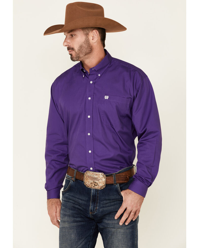 purple shirt grey pants