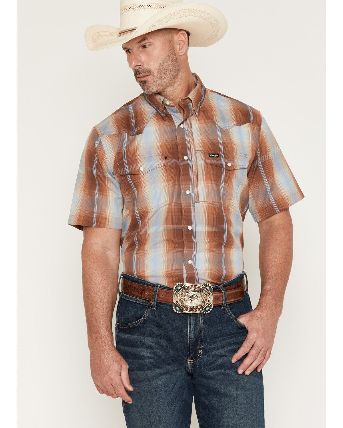 Image #1 - Wrangler ATG Men's Plaid Print Short Sleeve Snap Performance Western Shirt, Multi, hi-res