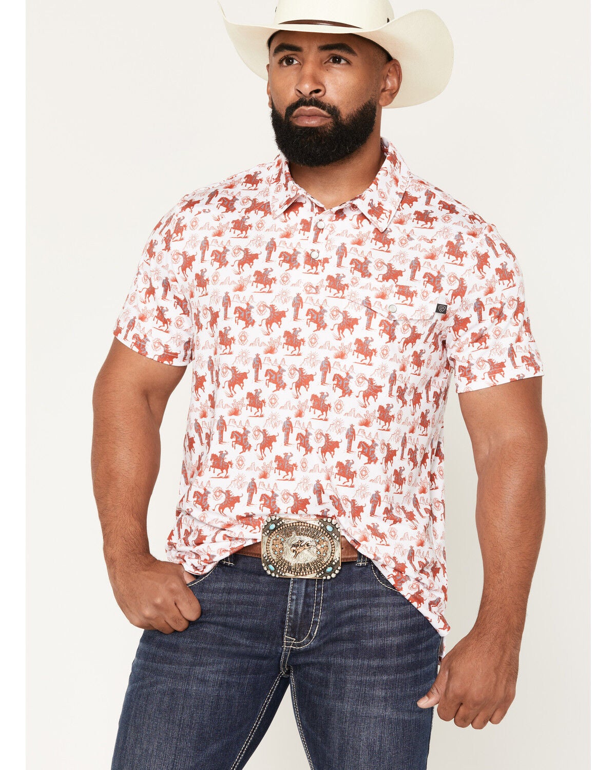 Rock & Roll Denim Men's Game Day Short Sleeve Snap Polo, White, hi-res