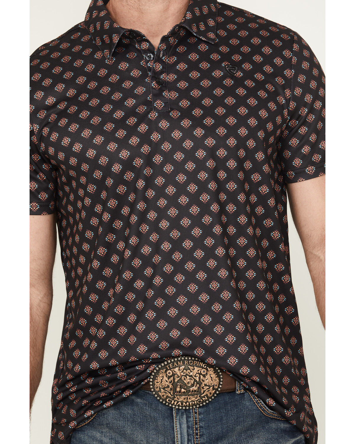 Image #3 - Rock & Roll Denim Men's Southwestern Geo Print Short Sleeve Button-Down Polo, Black, hi-res