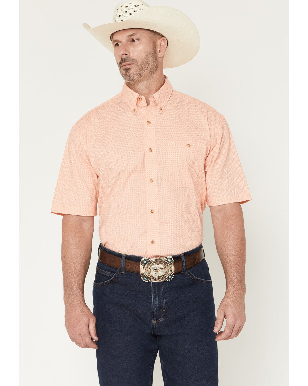 Image #1 - George Strait by Wrangler Men's Geo Print Short Sleeve Button-Down Stretch Western Shirt, Orange, hi-res