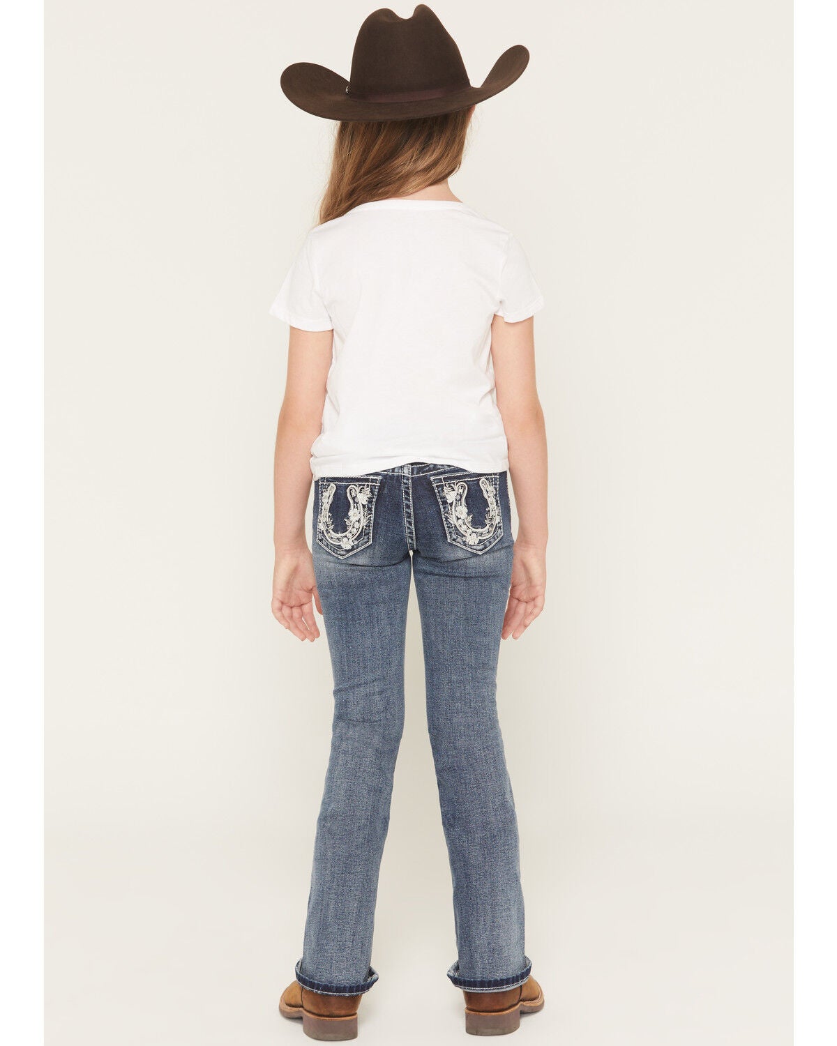Image #1 - Grace in LA Girls' Floral Horseshoe Embroidered Bootcut Stretch Denim Jeans, Dark Wash, hi-res