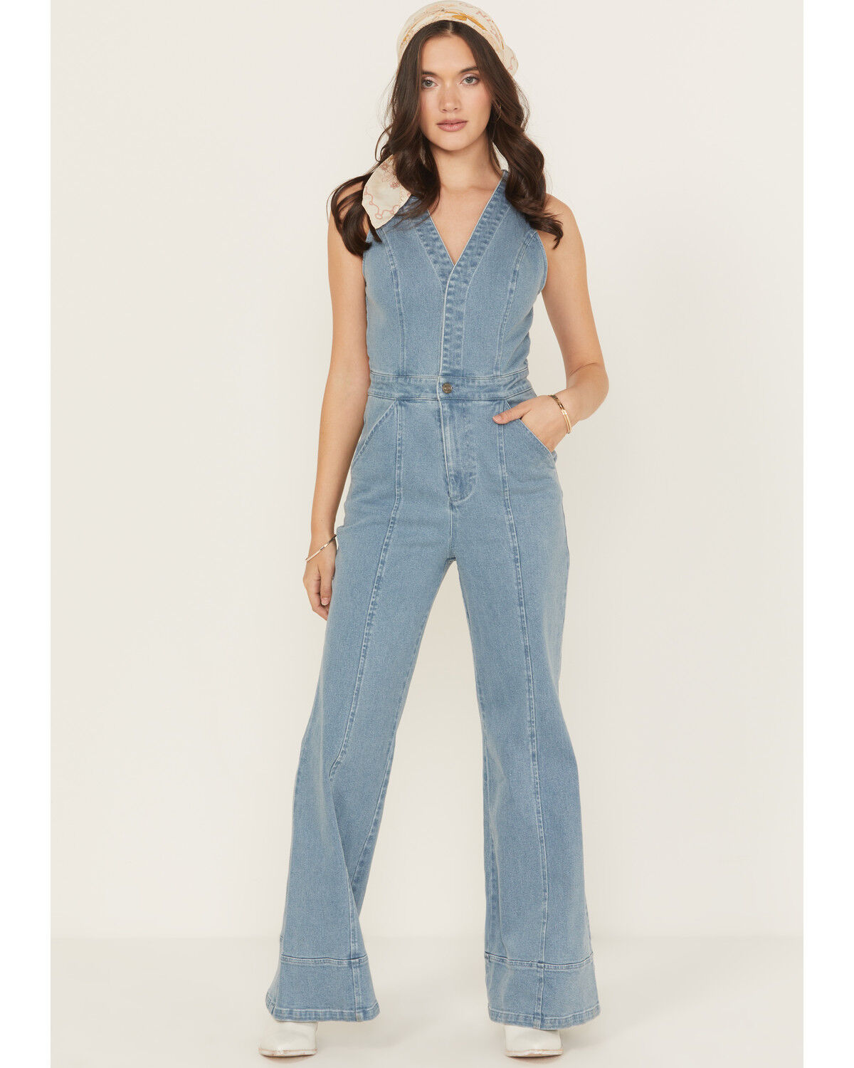 Image #2 - Flying Tomato Women's Light Wash Open Back Denim Jumpsuit, Light Wash, hi-res