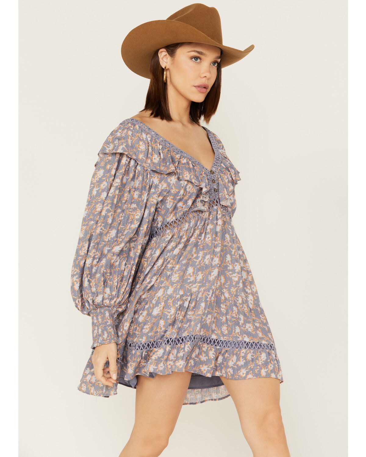 Image #1 - Jen's Pirate Booty Women's Floral Print Long Sleeve Wildflower Lasi Mini Dress, Blue, hi-res