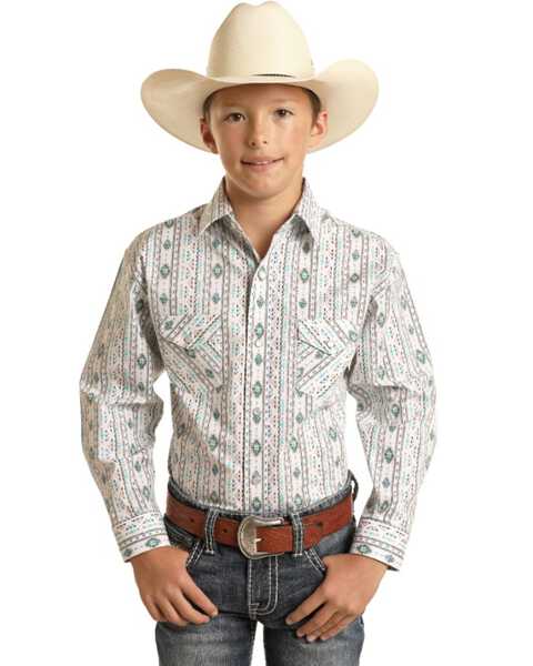 Rough Stock by Panhandle Boys' Southwestern Striped Long Sleeve Western Pearl Snap Shirt , Turquoise, hi-res