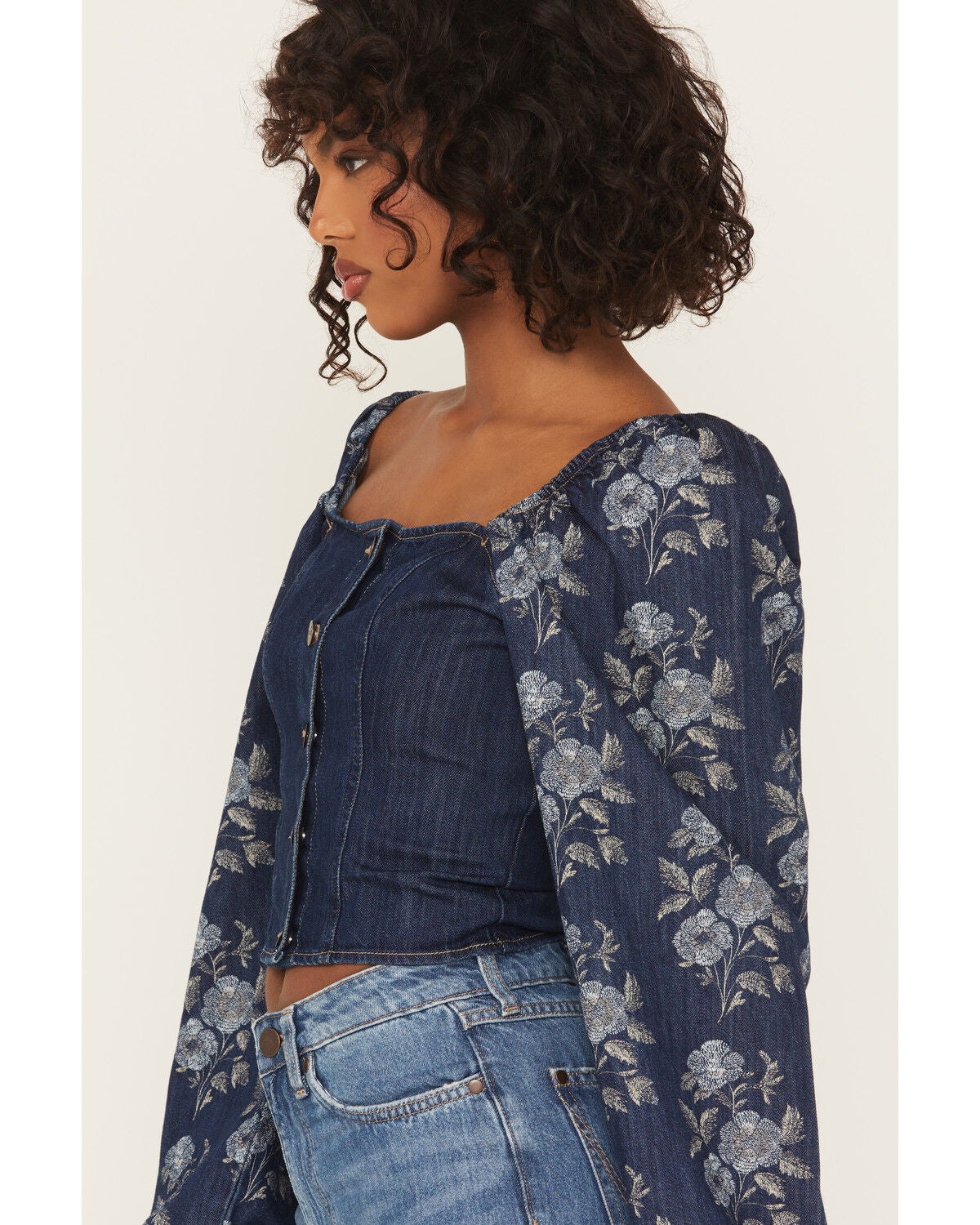 Wrangler Retro Women's Floral Tapestry Sleeve Denim Blouse | Sheplers