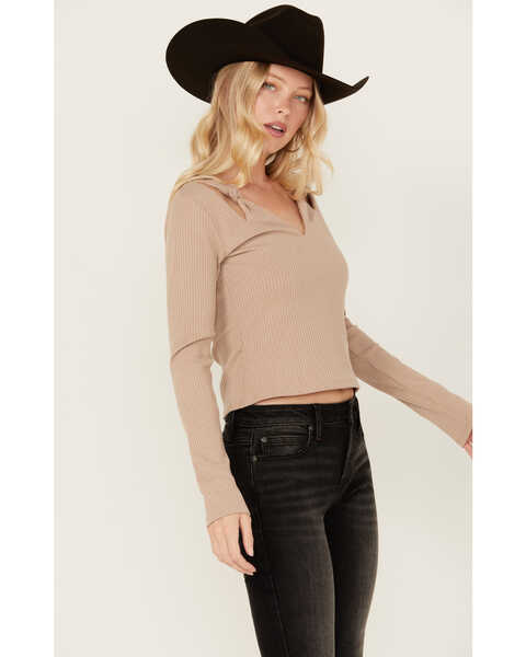 Miss Me Women's V Neck Long Sleeve Knit Top , Taupe, hi-res