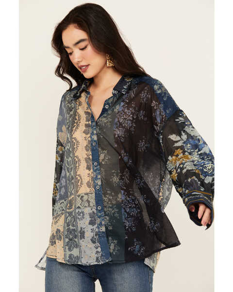 Image #1 - Free People Women's Flower Patch Long Sleeve Button-Down Blouse, Indigo, hi-res