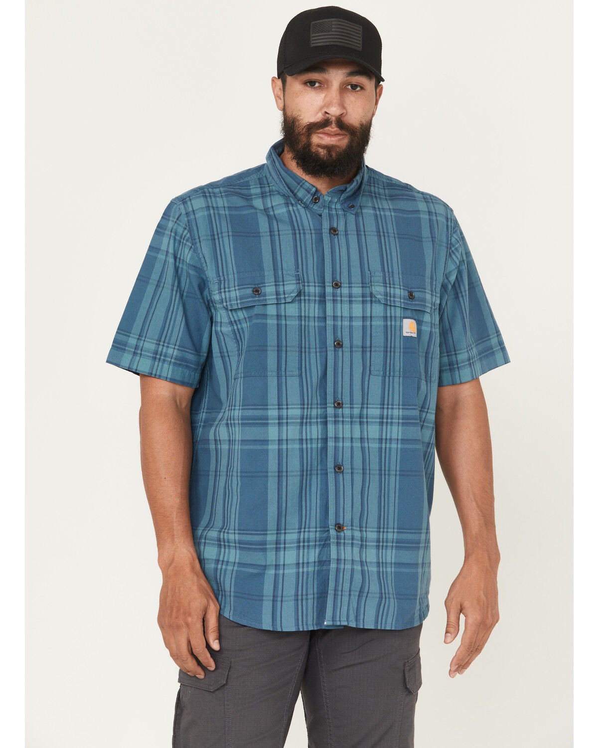 Carhartt Men's Plaid Print Loose Fit Midweight Short Sleeve Button-Down Work Shirt, Blue, hi-res